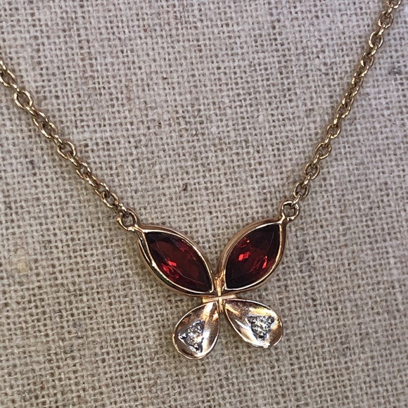 Solid Stamped 14K Yellow Gold Italy Natural Garnet & Diamond Butterfly Necklace - Picture 5 of 16